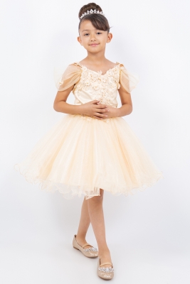 Champagne Floral Strap Dress with Off Shoulder Details