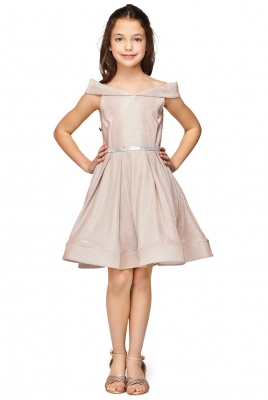 Rose Gold Metallic Off Shoulder Dress with Rhinestone Waistline