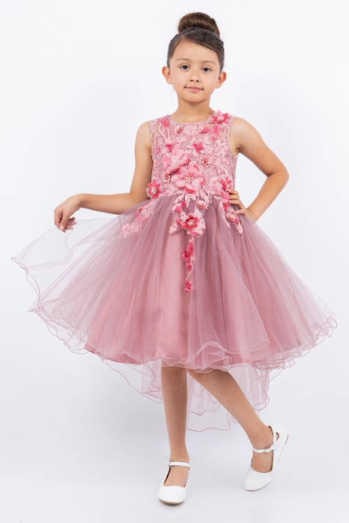 Dusty Rose Short High Low Floral and Tulle Dress