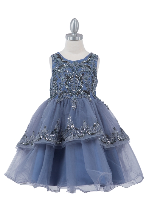 CC_9132BU - Smoky Blue Sequin and Beaded Dress with Tiered Skirt - New  Items - Flower Girl Dresses - Flower Girl Dress For Less