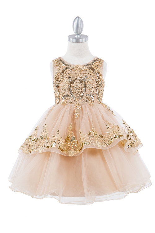 CC_9132CHA - Champagne Sequin and Beaded Dress with Tiered Skirt - New  Items - Flower Girl Dresses - Flower Girl Dress For Less