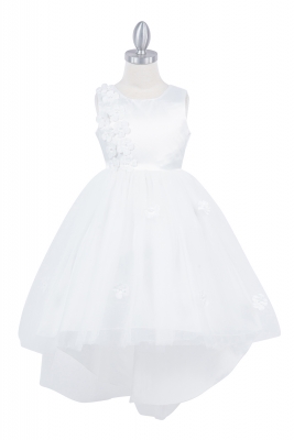 White Sleeveless V Back Satin and Flower High Low Dress