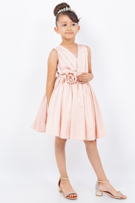 Blush Elegant Pleated Dress with Rose Detail