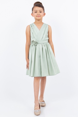 Sage Elegant Pleated Dress with Rose Detail