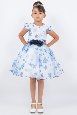 Navy Puff Sleeve Floral Print Dress with Floral Waist
