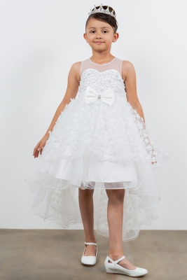 White Illusion Neckline High Low Dress Adorned with 3D Flowers