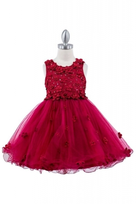 Burgundy Dress with 3D Flower Details