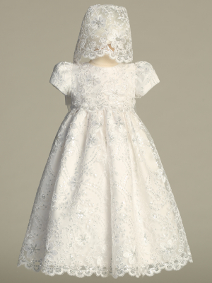 Girls Christening Dress Style FIONA - Corded Embroidered Tulle Gown with Sequins