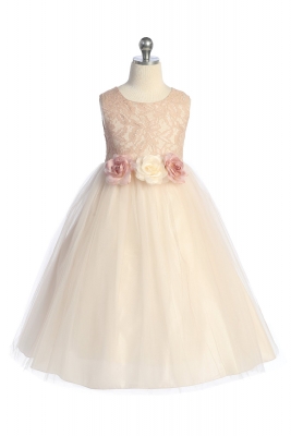 Blush Pink Long Lace Illusion Dress with Flower Accents
