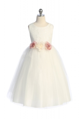 Off White Long Lace Illusion Dress with Flower Accents