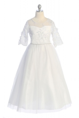 White Flower and Pearl Lace Illusion Dress