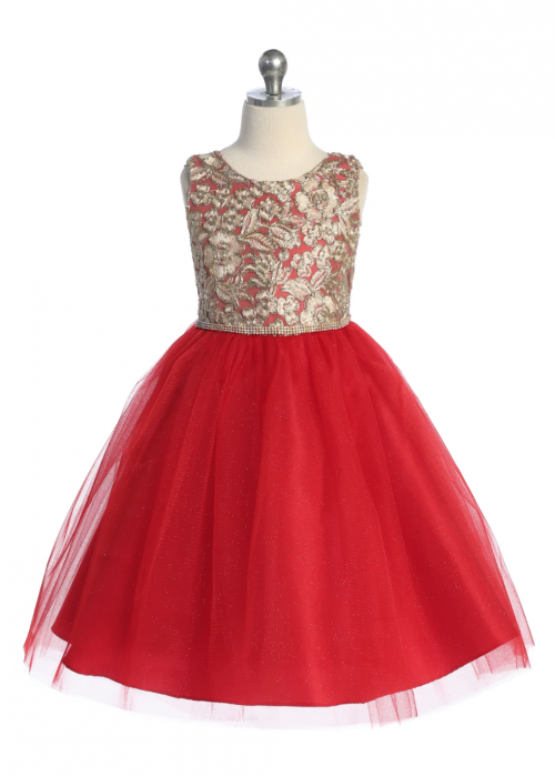 Red Dress with Embroidered Lace and Sequin Bow on Back