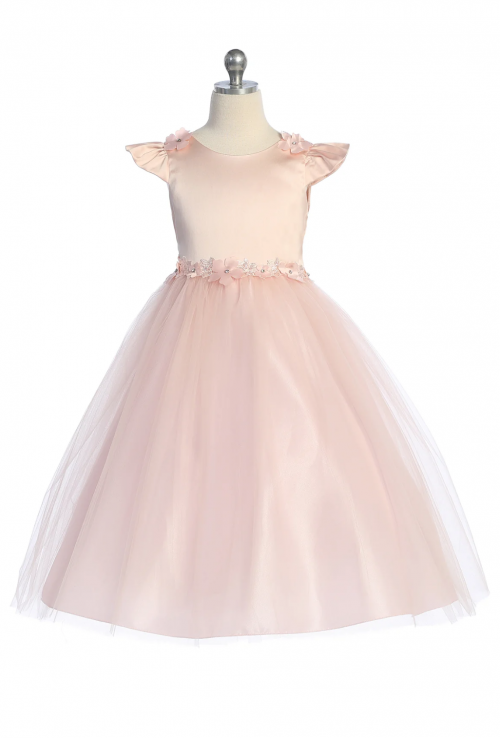 KD_562BH - Blush Cap Sleeve Satin and Tulle Dress with Floral Trim - Girls- Dresses - Flower Girl Dresses - Flower Girl Dress For Less