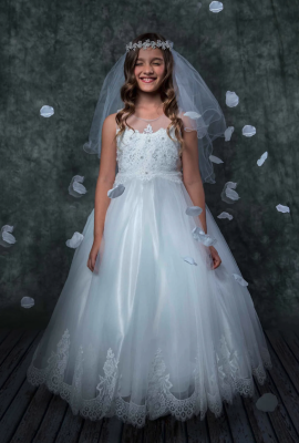 Lace Appliqué Illusion Bateau Dress in Choice of White or Ivory