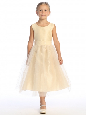 Champagne Dress with Shantung Bodice and Tulle Skirt with Sequin Details