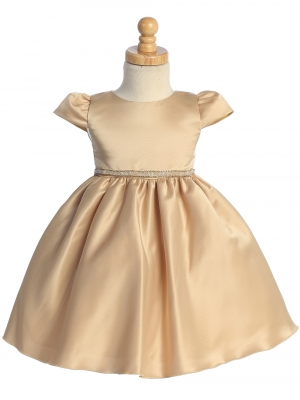 Gold Satin Cap Sleeve Dress with a Beaded Rhinestone Waist