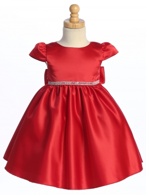 Red Satin Cap Sleeve Dress with a Beaded Rhinestone Waist