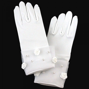 Short Satin Gloves with Rosette and Pearl Accents