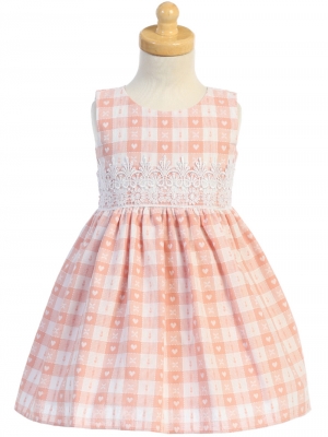 Girls Dress Style M759 -Blush Pink Cotton Heart Checkered Dress with Lace Trim