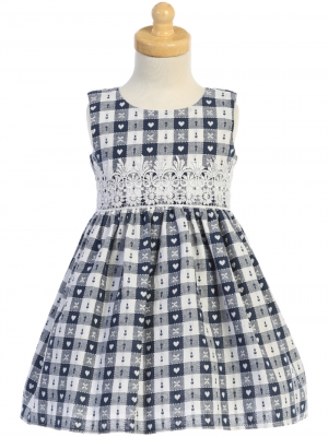 Girls Dress Style M759 - Navy Cotton Heart Checkered Dress with Lace Trim