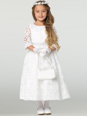 First Holy Communion-Flower Girl Style SP156 - WHITE 3 Quarter Length Sleeve Lace Gown