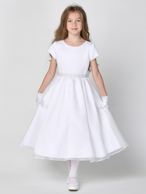 Satin Short Sleeved Dress with Crystal Organza Skirt