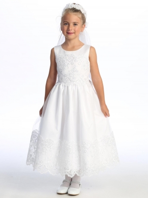 Sleeveless Satin Dress with Corded Embroidered Tulle Overlay Skirt - SP210