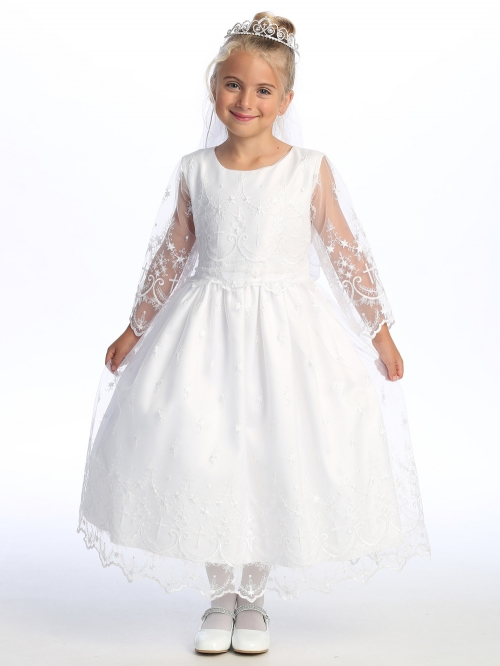Cross Embroidered Long Sleeve Communion Dress