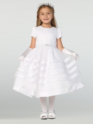 Cap Sleeve Satin Dress with Organza Overlay - Style SP708