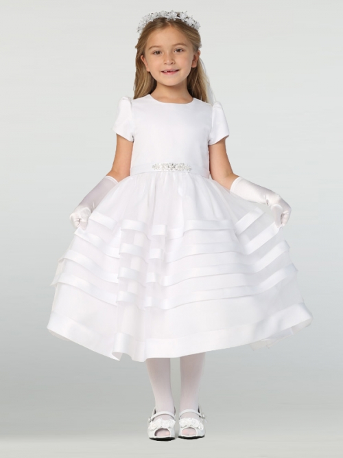 Cap Sleeve Satin Dress with Organza Overlay - Style SP708