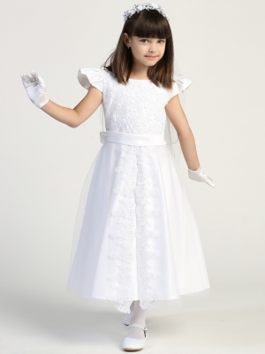 First Holy Communion-Flower Girl Style SP975 - WHITE Satin Dress with Corded Lace