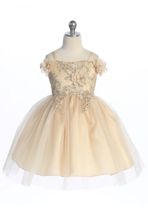 Champagne Spaghetti Strap Dress with Floral Details