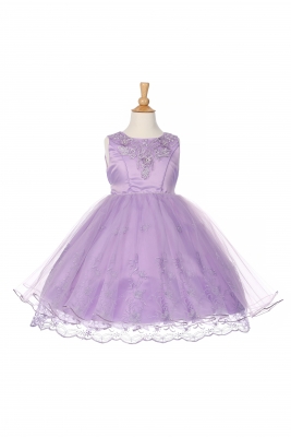 Girls Dress Style 1095 - Lilac Sleeveless Dress with Embroidered Satin Bodice