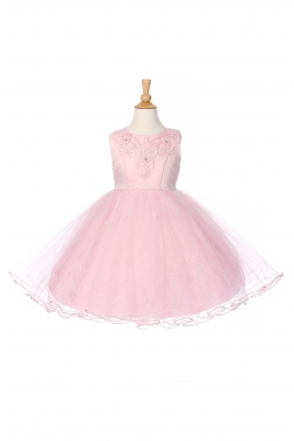 Girls Dress Style 1095 - Pink Sleeveless Dress with Embroidered Satin Bodice