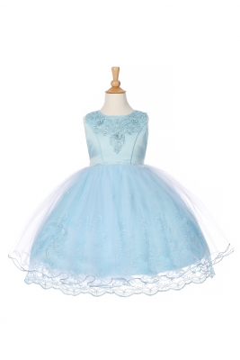 Girls Dress Style 1095 - Sky Blue Sleeveless Dress with Embroidered Satin Bodice
