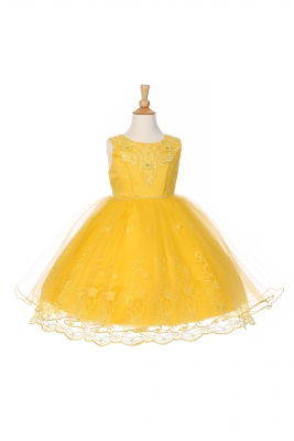 Girls Dress Style 1095 - Yellow Sleeveless Dress with Embroidered Satin Bodice