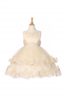Girls Dress Style 1096 - Champagne Satin Embroidered Dress with Tiered Skirt