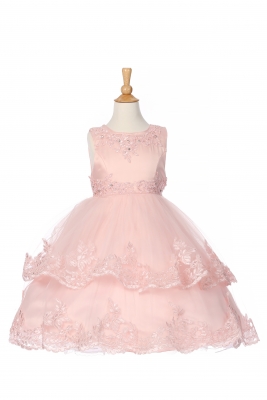 Girls Dress Style 1096 - Blush Satin Embroidered Dress with Tiered Skirt
