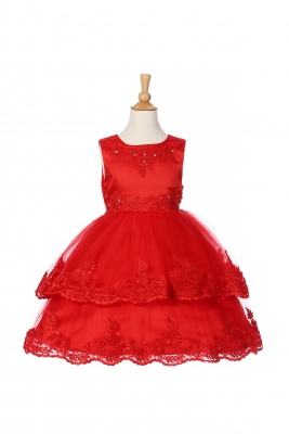 Girls Dress Style 1096 - Red Satin Embroidered Dress with Tiered Skirt