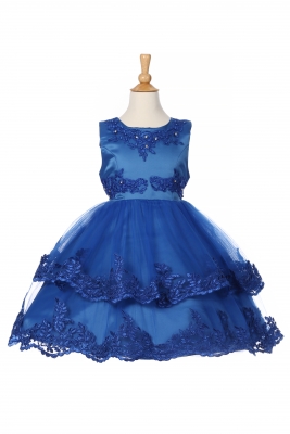 Girls Dress Style 1096 - Royal Blue Satin Embroidered Dress with Tiered Skirt