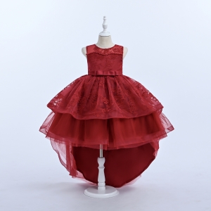 Burgundy High Low Dress with Lace and Pearl Details