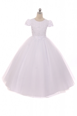 First Holy Communion-Flower Girl Style 547 - WHITE Short Sleeve Beaded and Tulle Gown