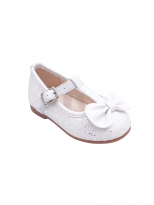 Girls Shoe Style S202 - White Sparkle Bow T-Strap Flats with Velcro Closure