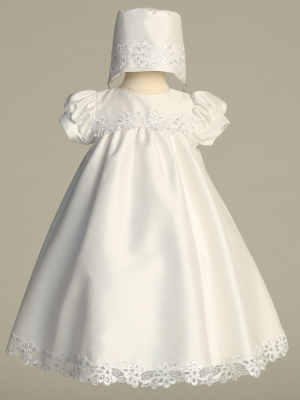 Girls Christening Dress Style SHELBY - Shantung Yoke Dress with Corded Embroidered Sequin Trim