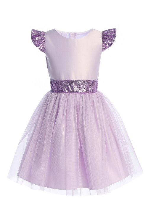 SK_958_LAV - Lavender Sequin Flutter Sleeve Dress with Satin Bodice - New  Items - Flower Girl Dresses - Flower Girl Dress For Less