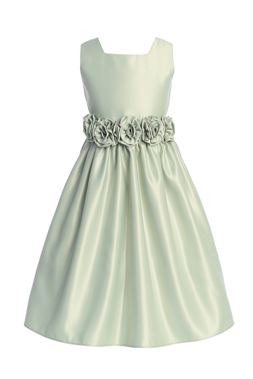 SK_965SG_SALE - SALE_Sage Satin Square Neck with Satin Flower Waist Trim -  New Items - Flower Girl Dresses - Flower Girl Dress For Less