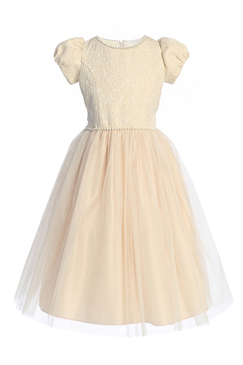 SK_972CHA - Champagne Puff Sleeve Dress with Jacquard Top and Pearl  Neckline - Short Sleeve Dresses - Flower Girl Dresses