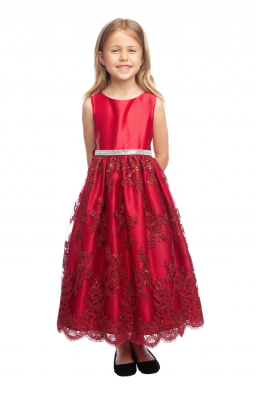 Red Satin and Sequin Embroidered Scalloped Lace Dress