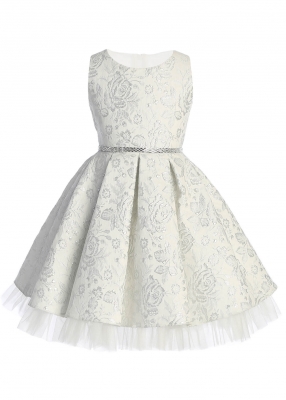 Silver Metallic Floral Pleated Jacquard Dress