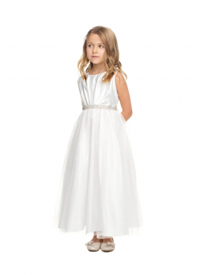 Off White Pleated Satin and Crystal Tulle Dress